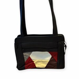 Vintage Genuine Leather Patchwork Shoulder Bag Black Geometric Colorblock Tote